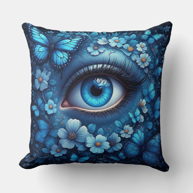 Blue Eye Surrounded By Flowers And Butterflies Throw Pillow (Front)