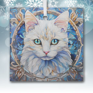 Blue Eye White Cat Stained Glass Ornament