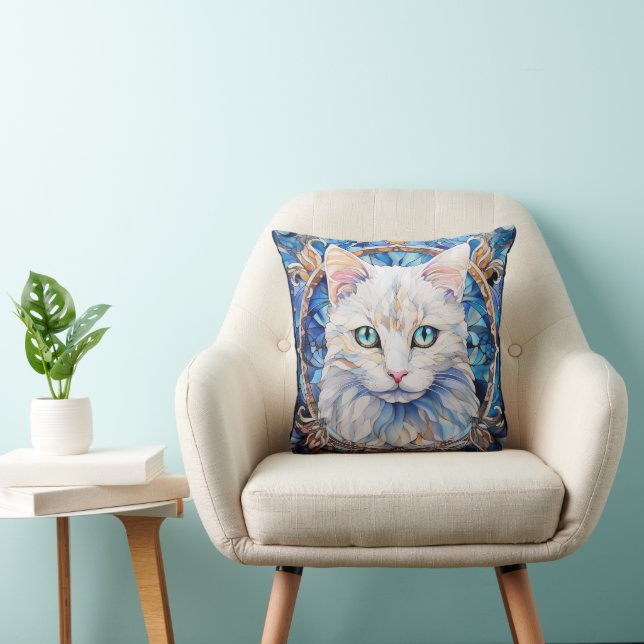 Blue Eye White Cat Stained Glass Style Throw Pillow (Chair)
