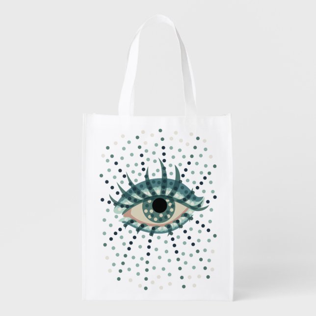 Blue Eye With Dots Weird Abstract Psychedelic Art Reusable Grocery Bag (Front)