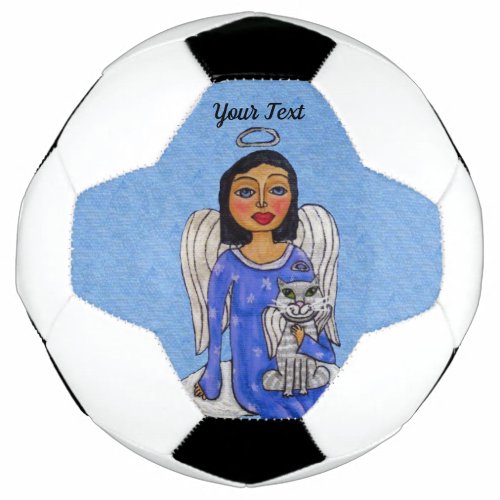 Blue Eyed Angel on Cloud Holding white Angel Cat Soccer Ball