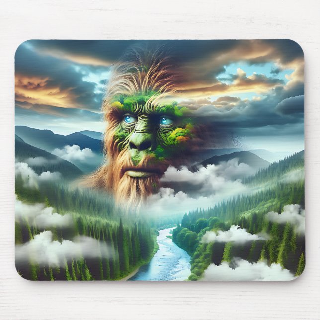 Blue Eyed Bigfoot in the Mountains Mouse Pad (Front)