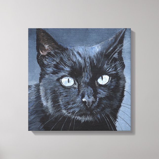 Blue Eyed Black Cat on Dark Blue Canvas Print (Front)