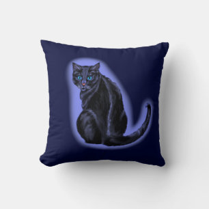 Blue Eyed Black Cat Throw Pillow