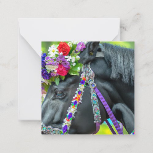 Blue_Eyed Black Floral Horse on Watercolor Note Card