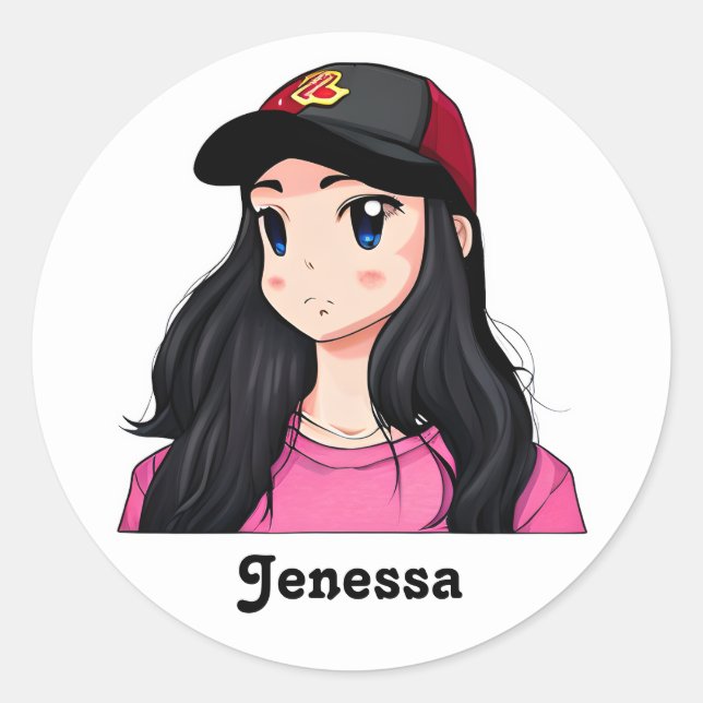 Blue Eyed Black Hair Anime Girl Personalized  Classic Round Sticker (Front)