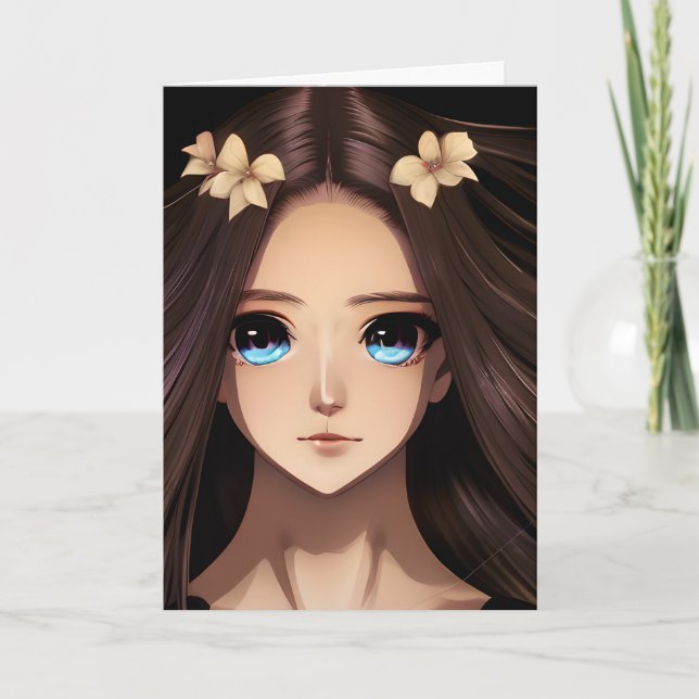 Blue Eyed Brunette Anime Girl Birthday Card (Front)