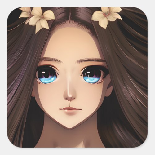 Blue Eyed Brunette Anime Girl Square Sticker