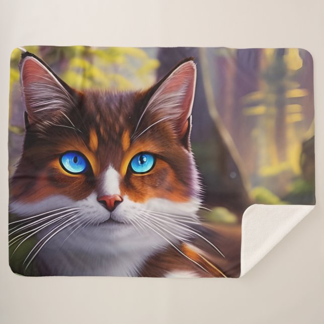 Blue Eyed Cat in the Woods  Sherpa Blanket (Front (Horizontal))