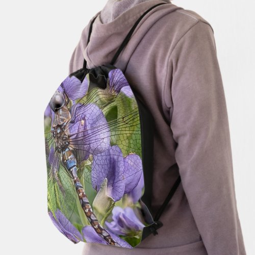 Blue_Eyed Darner Dragonfly on Flower Drawstring Bag