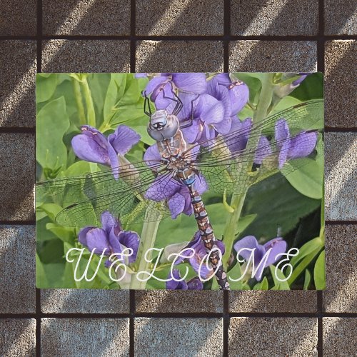 Blue_Eyed Darner Dragonfly on Flowers Welcome Doormat