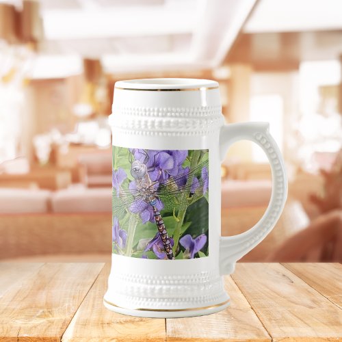 Blue_Eyed Darner Dragonfly on Purple Flowers Beer Stein