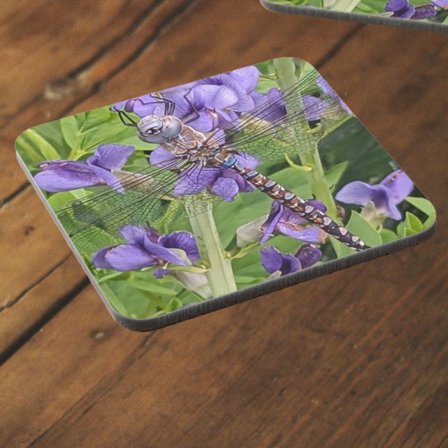 Blue-Eyed Darner Dragonfly on Purple Flowers Beverage Coaster (In Situ Angled)