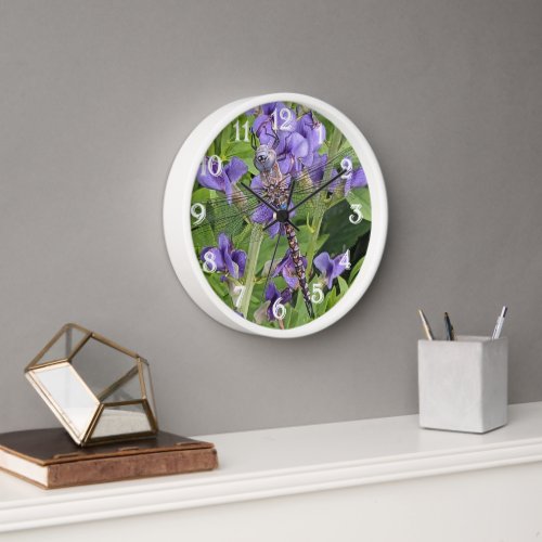 Blue_Eyed Darner Dragonfly on Purple Flowers Clock