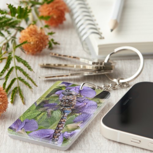 Blue_Eyed Darner Dragonfly on Purple Flowers Keychain