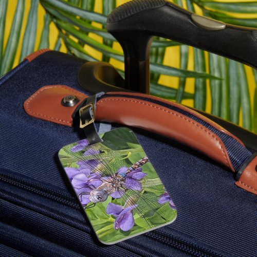 Blue_Eyed Darner Dragonfly on Purple Flowers Luggage Tag
