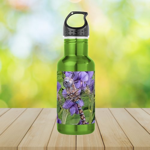 Blue_Eyed Darner Dragonfly on Purple Flowers Stainless Steel Water Bottle