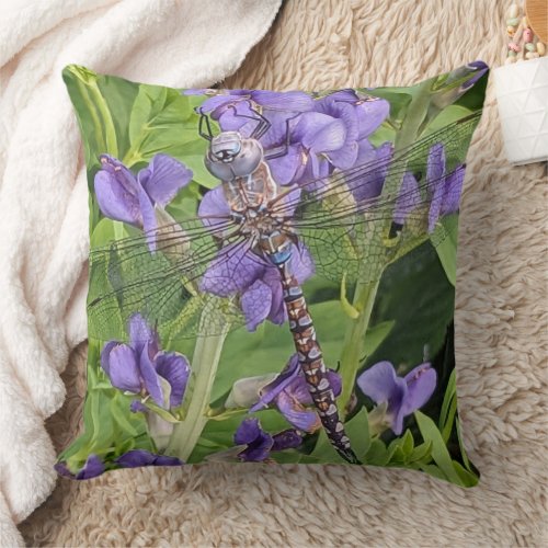 Blue_Eyed Darner Dragonfly on Purple Flowers Throw Pillow