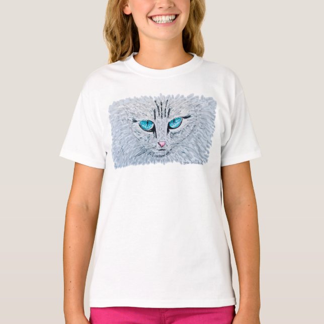 Blue Eyed Fluffy Cat T-Shirt (Front)