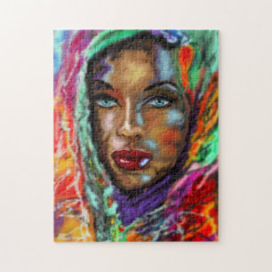Blue Eyed Girl in Colorful Scarf Jigsaw Puzzle