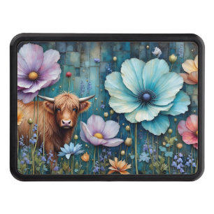 Blue eyed Highland Cow Colorful Cosmos Hitch Cover