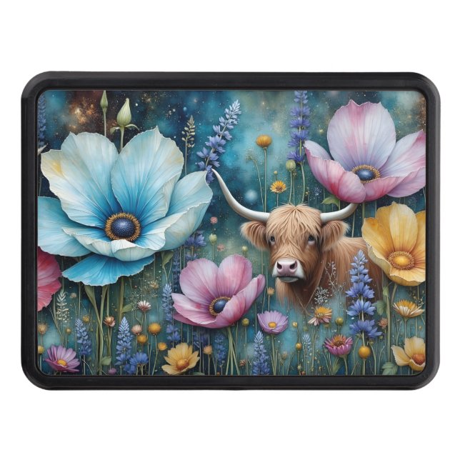Blue eyed Highland Cow Colorful Cosmos  Hitch Cover (Front)