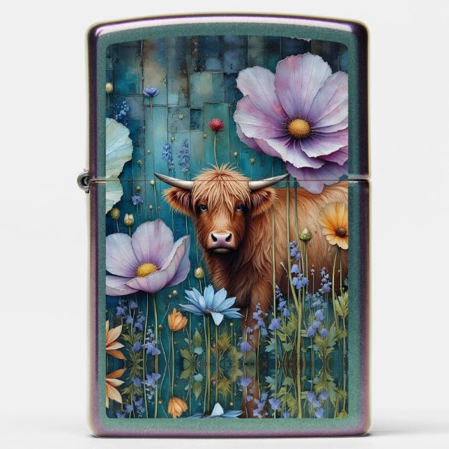 Blue Eyed Highland Heifer Colorful Cosmos  Zippo Lighter (Front)