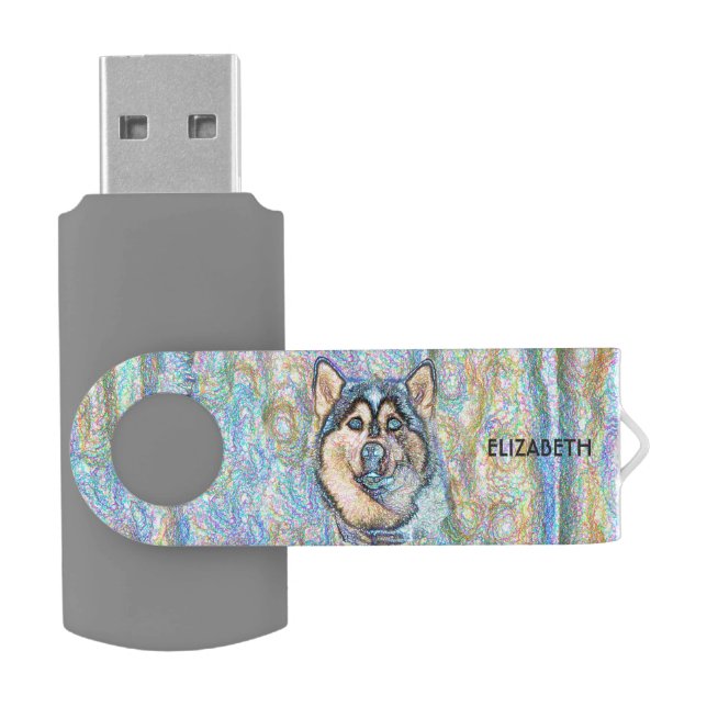 Blue Eyed Husky The Beautiful Dog Drawing Flash Drive (Opened)