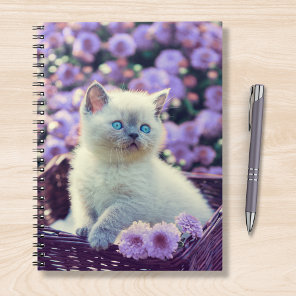 Blue Eyed Kitten Baby Cat In Basket Lilac Flowers Notebook