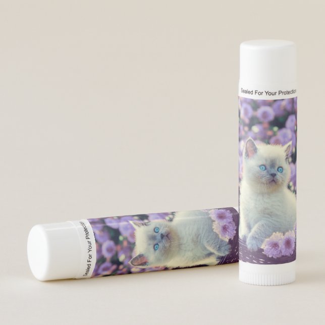 Blue Eyed Kitten Baby Cat In Basket Purple Flowers Lip Balm (Front)