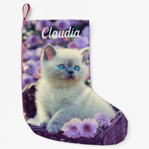 Blue Eyed Kitten Baby Cat In Basket Purple Flowers Small Christmas Stocking