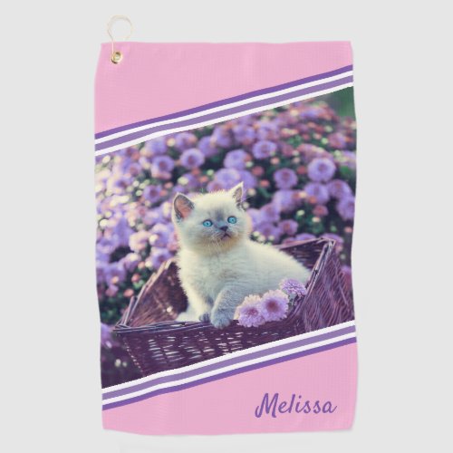 Blue Eyed Kitten Baby Cat In Flowers Personalized Golf Towel