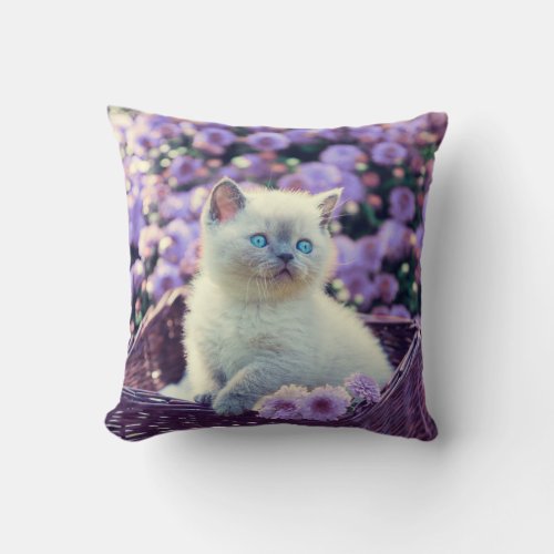 Blue Eyed Kitten Cat In Basket With Lilac Flowers Throw Pillow