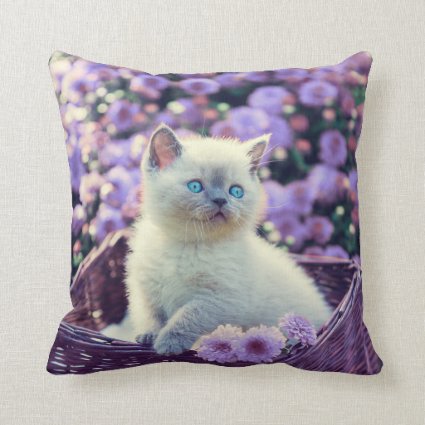 Blue Eyed Kitten Cat In Basket With Lilac Flowers Throw Pillow