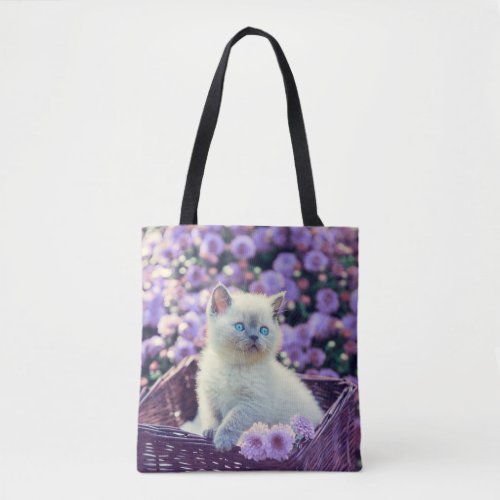 Blue Eyed Kitten Cat In Basket With Lilac Flowers Tote Bag