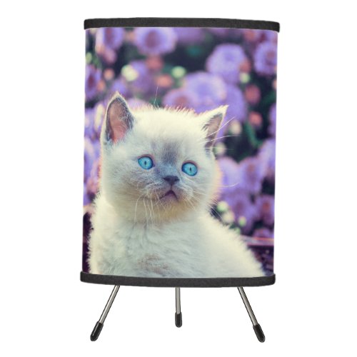 Blue Eyed Kitten Cat In Basket With Purple Flowers Tripod Lamp