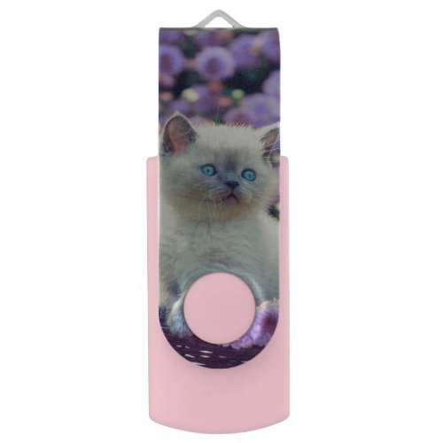 Blue Eyed Kitten In Basket With Lilac Flowers Flash Drive
