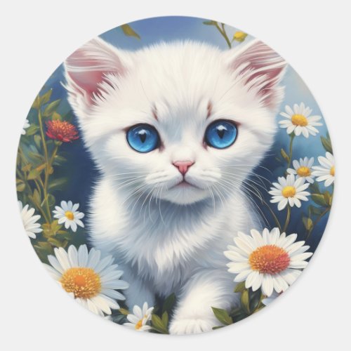 Blue_Eyed Kitten White Daisies Classic Round Sticker