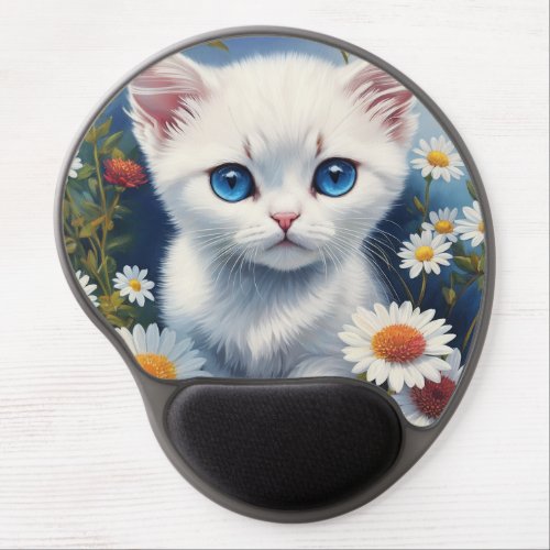 Blue_Eyed Kitten White Daisies Gel Mouse Pad