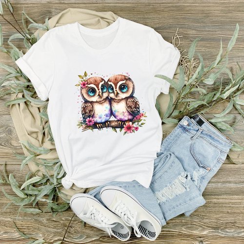 Blue Eyed Owls on Floral Branch Graphic T_Shirt