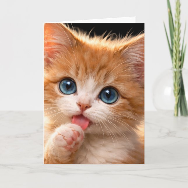 Blue-Eyed Paw licking Kitten Card (Front)