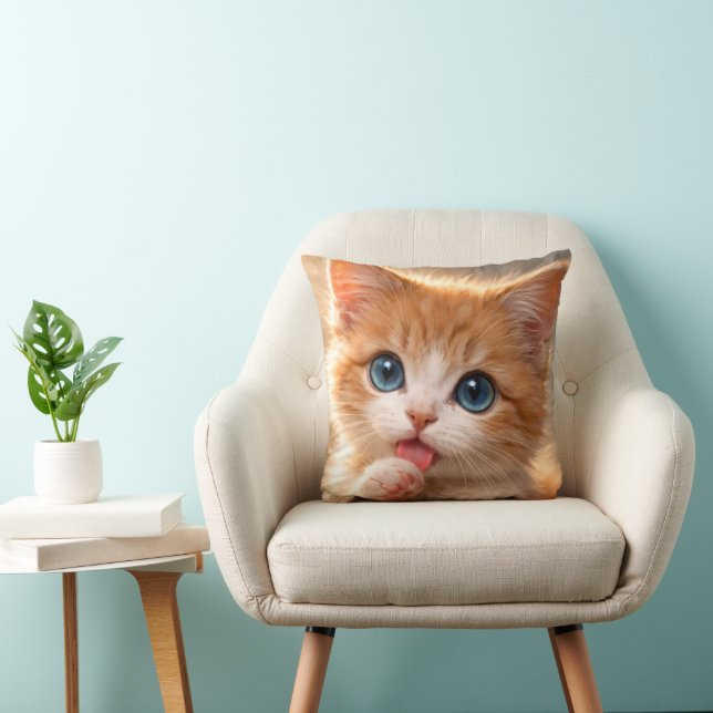 Blue-Eyed Paw licking Kitten Throw Pillow (Chair)