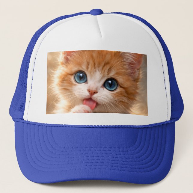 Blue-Eyed Paw licking Kitten Trucker Hat (Front)
