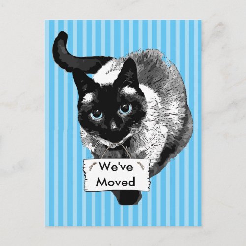 Blue Eyed Siamese Cat Holding Were Moving Sign Announcement Postcard