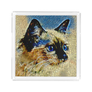 Blue Eyed Siamese Cat Mosaic Tiles Acrylic Tray