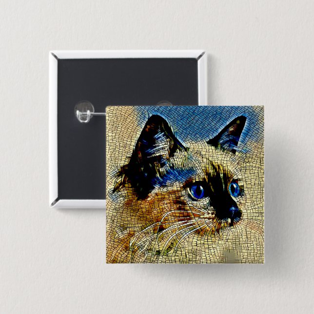Blue Eyed Siamese Cat Mosaic Tiles Button (Front & Back)