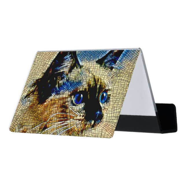 Blue Eyed Siamese Cat Mosaic Tiles Desk Business Card Holder (Angled Back)