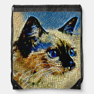 Blue Eyed Siamese Cat Mosaic Tiles Drawstring Bag
