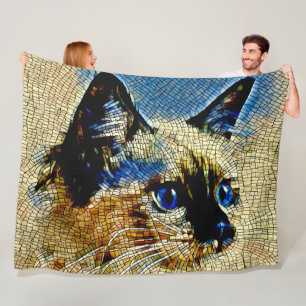 Blue Eyed Siamese Cat Mosaic Tiles Fleece Blanket