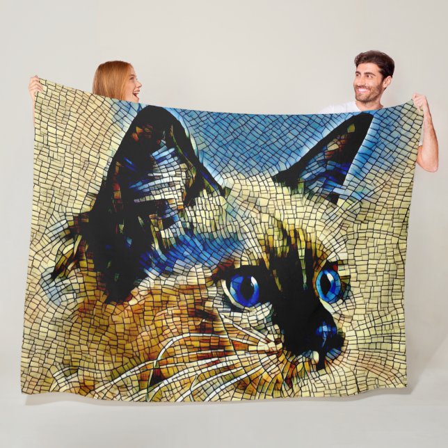 Blue Eyed Siamese Cat Mosaic Tiles Fleece Blanket (In Situ)